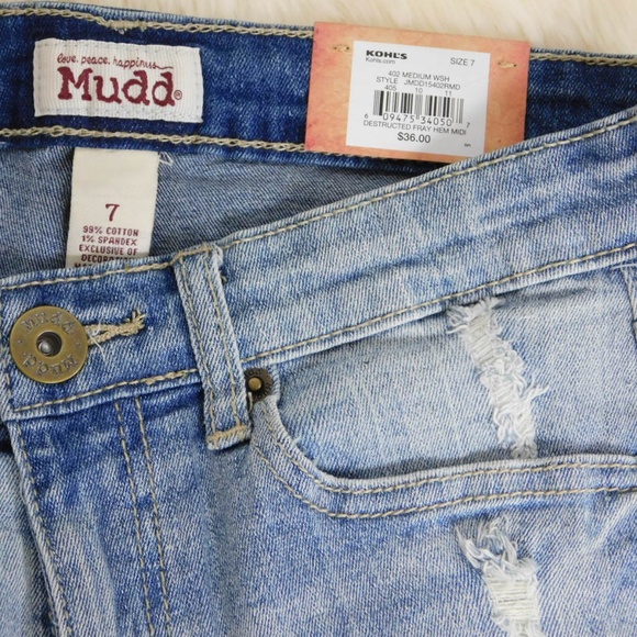 Mudd Women Midi Jean Shorts Sz 7 Destructed Frayed Hem Cutoff Distressed Denim - Picture 2 of 7